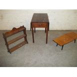 AN ANTIQUE DROPLEAF TABLE, A COFFEE TABLE AND AN OAK PLATE RACK