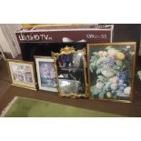 THREE FRAMED PRINTS TOGETHER WITH A GILT FRAMED MIRROR, LARGEST 75 X 55 CM, MIRROR 73 X 46.5 CM