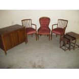 ONE MODERN BEDROOM / OCCASIONAL CHAIR, TWO TEAK RETRO DINING CARVER CHAIRS, A BLANKET BOX AND A NEST