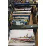A TRAY OF RAILWAY INTEREST BOOKS TOGETHER WITH A COLLECTION OF MARKLIN CATALOGUES (TRAYS NOT