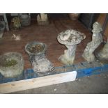 FOUR CONCRETE GARDEN ITEMS TO INCLUDE AN OLD BOOT, A BIRD BATH, PLANTER AND A STATUE