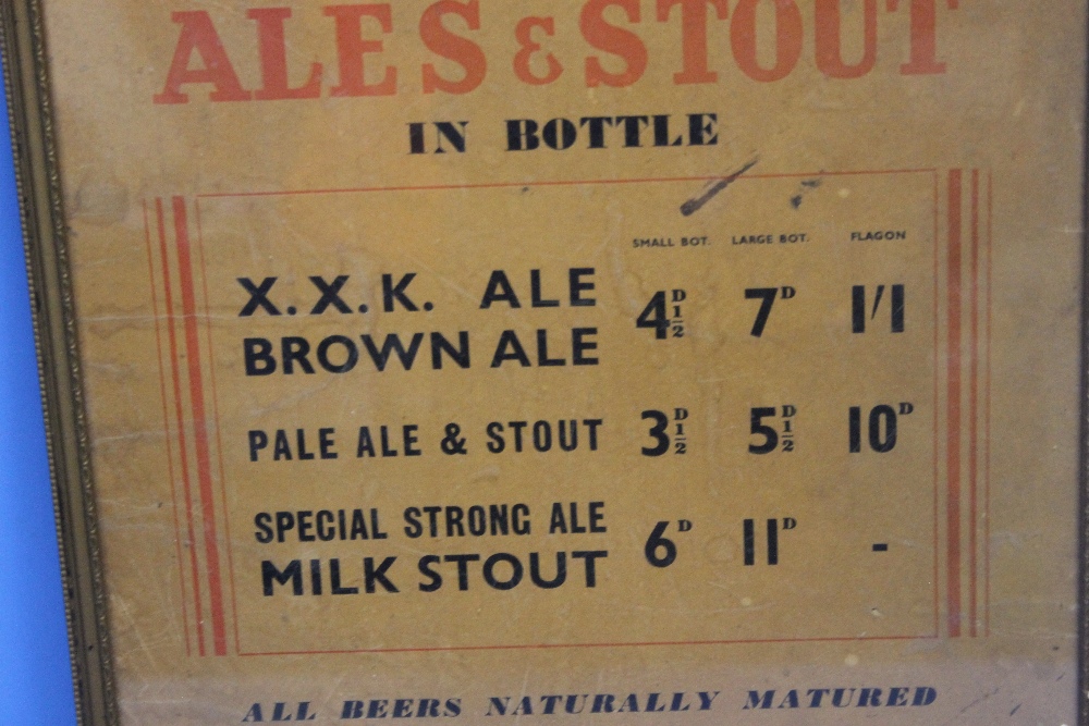 A "GEORGE BEER & RIGDEN LTD." FRAMED ORIGINAL ADVERTISING SHOWCARD PRICE LIST FOR ALE & STOUT, 33 - Image 2 of 5