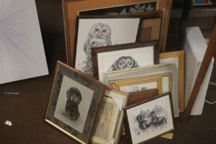 A QUANTITY PICTURES TO INCLUDE PRINTS OF DOGS AND AN EMBROIDERY OF A DUCK