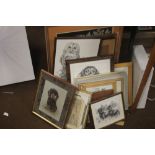 A QUANTITY PICTURES TO INCLUDE PRINTS OF DOGS AND AN EMBROIDERY OF A DUCK