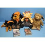 THREE HARLEY DAVIDSON COLLECTABLE TEDDY BEARS AND ONE OTHER TOGETHER WITH TWO HARLEY DAVIDSON VCR'S