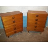 TWO MATCHING RETRO TEAK FIVE DRAWER CHESTS OF DRAWERS