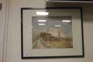 A WATERCOLOUR OF A WELSH CHURCH DATED 1944, 46 X 37.5 CM