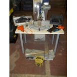 A QUANTITY OF POWER TOOLS TO INCLUDE A CHOP SAW, A BOXER PLANER AND A POWER DRILL ETC.