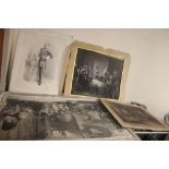 FOUR LARGE FRAMED ENGRAVINGS TO INCLUDE 'COMING OF AGE IN THE OLDEN TIME', 'SUNDAY MORNING A COTTAGE