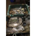 TWO TRAYS OF GLASSWARE AND METALWARE (TRAYS NOT INCLUDED)