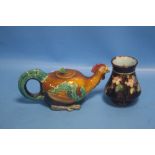 A MINTONS MAJOLICA COCKEREL TEAPOT, IMPRESSED MINTONS MARK AND MODEL NUMBER 1909 A/F, ALONG WITH A
