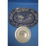 A LARGE BLUE & WHITE MEAT PLATE TOGETHER WITH A LIMITED EDITION PLATE - STAFFORDSHIRE GENERAL