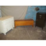 THREE RETRO ITEMS - A FILING CABINET, A PAINTED CHEST OF DRAWERS AND A STORAGE BLANKET BOX (3)