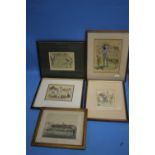 FIVE CRICKET RELATED ENGRAVINGS INCLUDING "LILLYWHITE AT HOME", LARGEST 36 X 29 CM