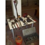 A QUANTITY OF PIPE WORKING TOOLS, PIPEBENDERS AND PROPANE TORCH WITH GAS BOTTLE