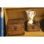 TWO VINTAGE WOODEN BOXES, TOGETHER WITH AN ARTHUR WOODS JUG AND A PEN