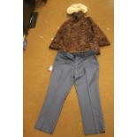 A PAIR OF NEW TAILORED TROUSERS SIZE 40 TOGETHER WITH A FUR HAT, AND A BROWN JACKET