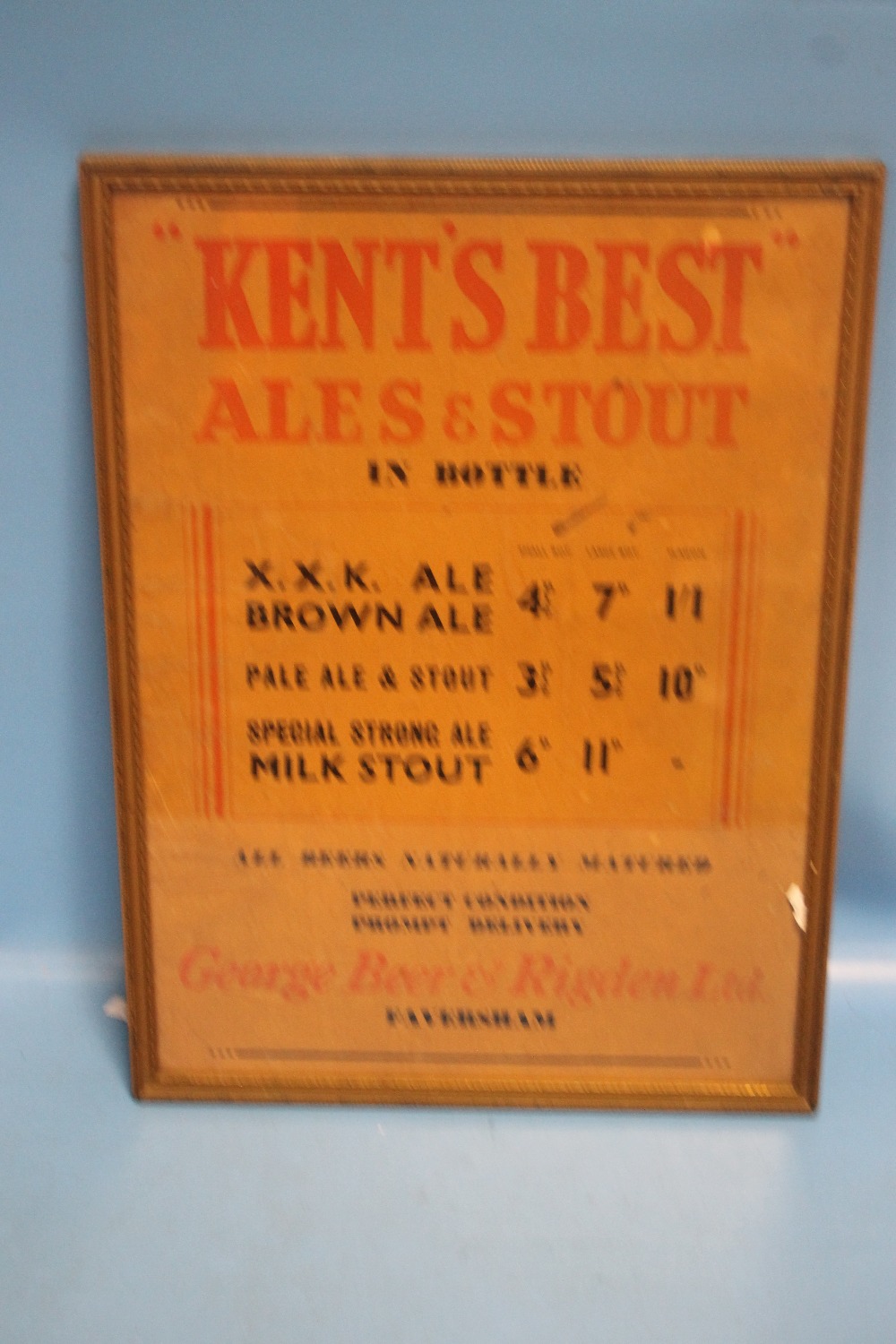 A "GEORGE BEER & RIGDEN LTD." FRAMED ORIGINAL ADVERTISING SHOWCARD PRICE LIST FOR ALE & STOUT, 33