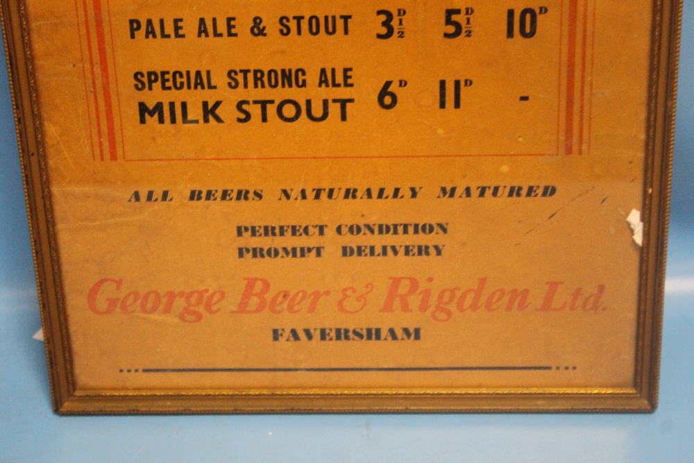 A "GEORGE BEER & RIGDEN LTD." FRAMED ORIGINAL ADVERTISING SHOWCARD PRICE LIST FOR ALE & STOUT, 33 - Image 4 of 5