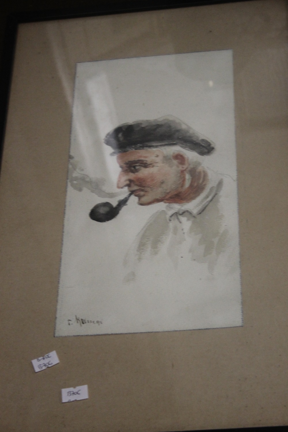 A BOX OF 14 ASSORTED WATERCOLOURS AND PRINTS TO INCLUDE A PAIR OF WATERCOLOUR PORTRAITS SIGNED J. - Image 2 of 3