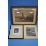 THREE FRAMED ENGRAVINGS TO INCLUDE 'THE FERRY' BY J. GALE, ' A CHURCH INTERIOR', A. YANN AND A