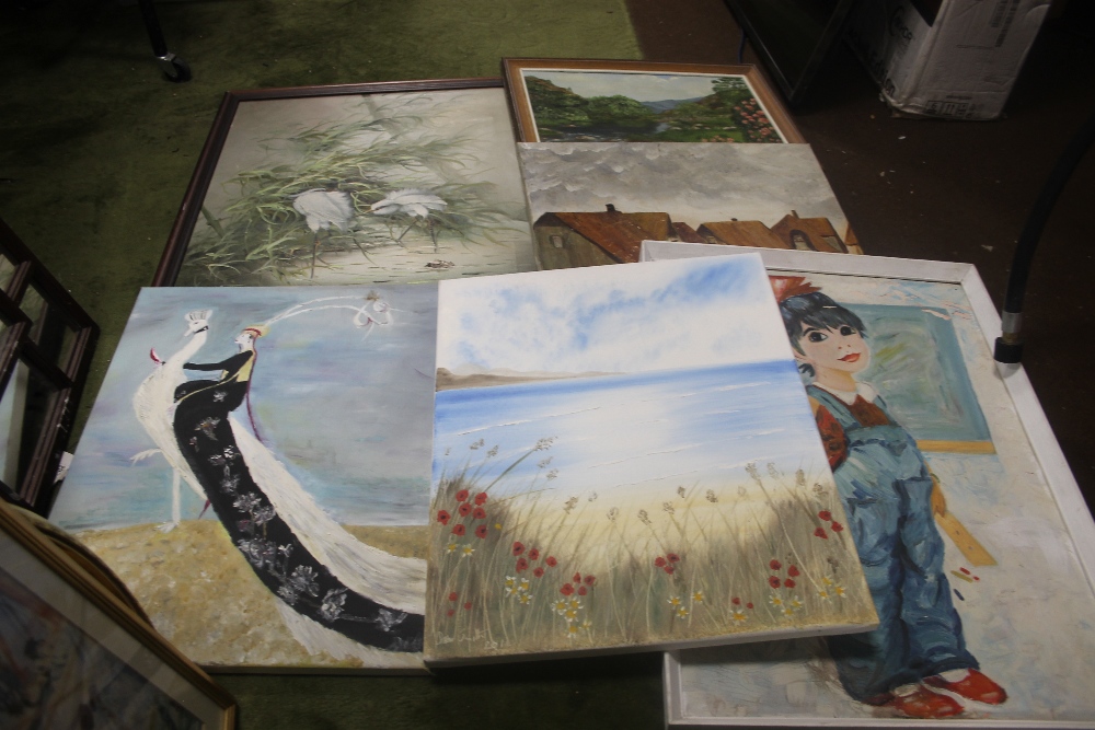 A BOX OF ASSORTED OIL PAINTINGS TO INCLUDE A BURNET PARIS SCENE AND A PICTURE OF HERONS, LARGEST