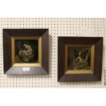 A PAIR OF OAK FRAMED ANTIQUE GEORGE CARTLIDGE SEMI RELIEF TILES DEPICTING DOG PORTRAITS OVERALL SIZE