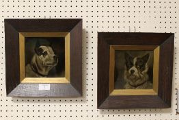 A PAIR OF OAK FRAMED ANTIQUE GEORGE CARTLIDGE SEMI RELIEF TILES DEPICTING DOG PORTRAITS OVERALL SIZE