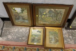 FOUR FRAMED AND GLAZED WATERCOLOURS, COUNTRY WATERFALLS AND WOODLAND SCENE