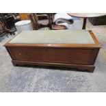 AN EDWARDIAN MAHOGANY UPHOLSTERED SEAT, W-136 CM (FROM A WARDROBE)