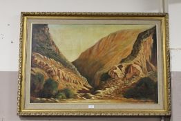A LARGE GILT FRAMED OIL ON CANVAS DEPICTING A MOUNTAINOUS SCENE SIGNED S LASSEK -H 60 CM BY W 96 CM