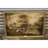 AN ANTIQUE GILT FRAMED OIL ON CANVAS DEPICTING CATTLE WATERING SIGNED S. D. BAGLEY 1882 50CM X 75CM