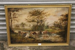 AN ANTIQUE GILT FRAMED OIL ON CANVAS DEPICTING CATTLE WATERING SIGNED S. D. BAGLEY 1882 50CM X 75CM