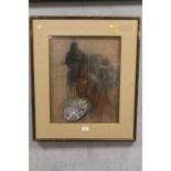AN UNUSUAL FRAMED AND GLAZED MIXED MEDIA STUDY OF A LADY IN PROFILE AND A MONUMENT WITH INSET