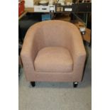 A MODERN BROWN UPHOLSTERED TUB CHAIR