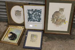 A COLLECTION OF CAT RELATED PICTURES AND PRINTS COMPRISING AN OIL ON CANVAS ENTITLED 'COALHOUSE' ,