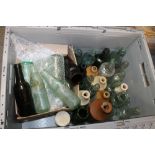 A LARGE BOX OF VINTAGE GLASS AND STONEWARE BOTTLES
