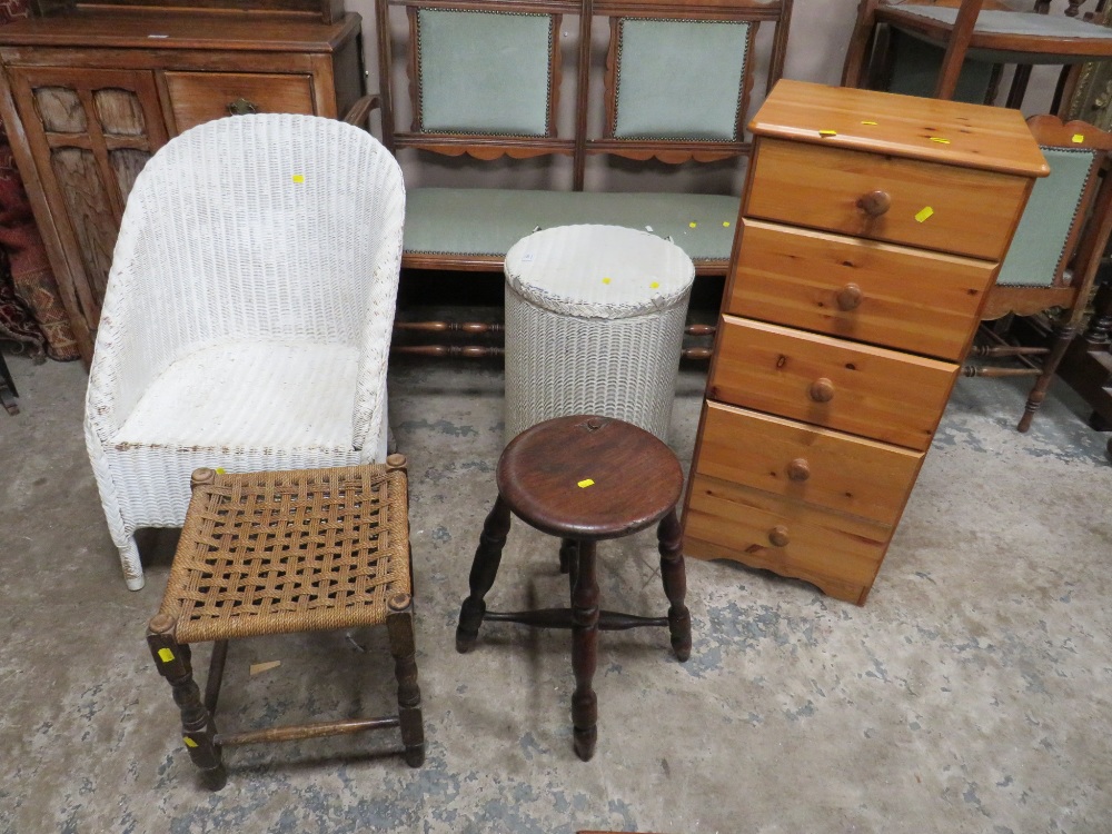 A LLOYD LOOM CHAIR, LAUNDRY BIN, TWO STOOLS AND PINE CHEST (5)