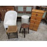 A LLOYD LOOM CHAIR, LAUNDRY BIN, TWO STOOLS AND PINE CHEST (5)