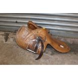 A VINTAGE LEATHER HORSE RACING SADDLE