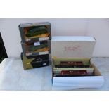 THREE BOXED CORGI DIECAST BUSES TOGETHER WITH TWO SCRATCH BUILT O GAUGE MODEL RAILWAY CARRIAGES