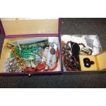 TWO BOXES OF COSTUME JEWELLERY TO INCLUDE BEADED NECKLACES WOMENS LEAGUE OF HEALTH AND BEAUTY ENAMEL