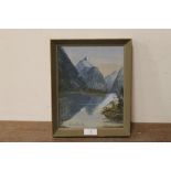 A FRAMED OIL ON BOARD OF A MOUNTAINOUS LAKE SCENE BY COLLEEN HAMILTON (NEW ZEALAND ARTIST) - H 24.