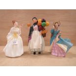 THREE ROYAL DOULTON FIGURES - BIDDY PENNY FARTHING HN1843 (RESTORED HAND) TOGETHER WITH FLOWER OF
