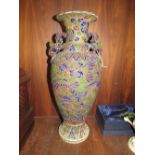 A LARGE ORIENTAL SATSUMA STYLE CERAMIC TWIN HANDLED VASE - RESTORED TO BASE H-46CM