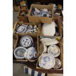 FIVE BOXES OF ASSORTED BLUE AND WHITE CHINA AND CERAMICS TO INCLUDE MASONS EXAMPLES