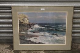 A SIGNED LIMITED EDITION PRINT SEASCAPE WITH FISHERMEN BY DINO, GARAVANO 98/350 - H 44CM BY 60 CM