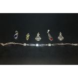 A VINTAGE SILVER LADIES GEMSTONE BRACELET TOGETHER WITH A PAIR OF AMETHYST PENDANTS AND THREE
