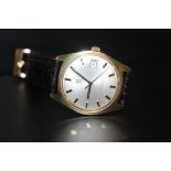 A GENTS OMEGA GENEVE AUTOMATIC DATE WRISTWATCH ON LEATHER STRAP