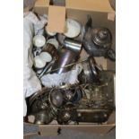 A BOX OF SILVER PLATED METALWARE TOGETHER WITH AN EMPIRE WARE PART COFFEE SET